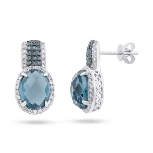 0.46ct White & Treated Blue Diamond & 5.18ct London Blue Topaz 14k White Gold Earring