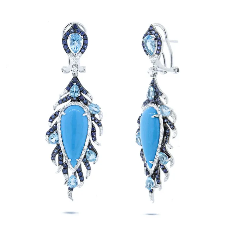 0.75ct Diamond & 11.58ct Composite Turquoise, Blue Sapphire & Blue Topaz 14k White Gold Earring