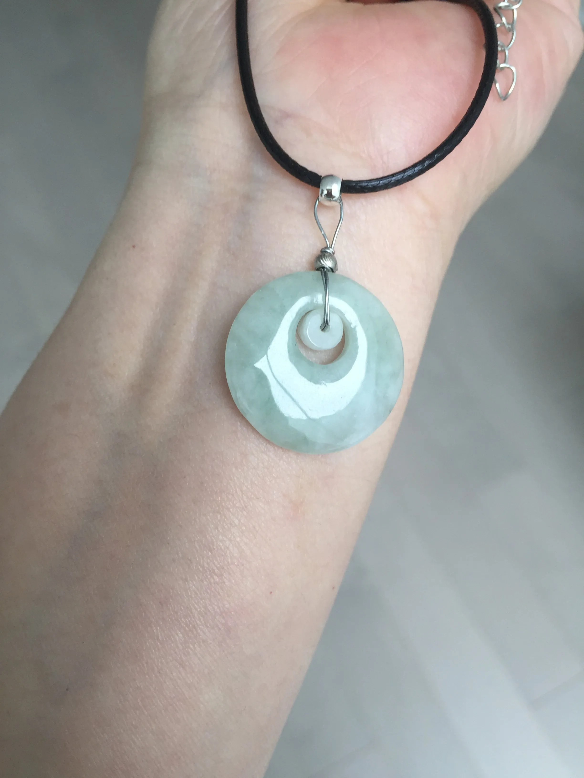 100% natural Type A light green/white concentric circle jadeite jade safety Guardian ring pendant BN28