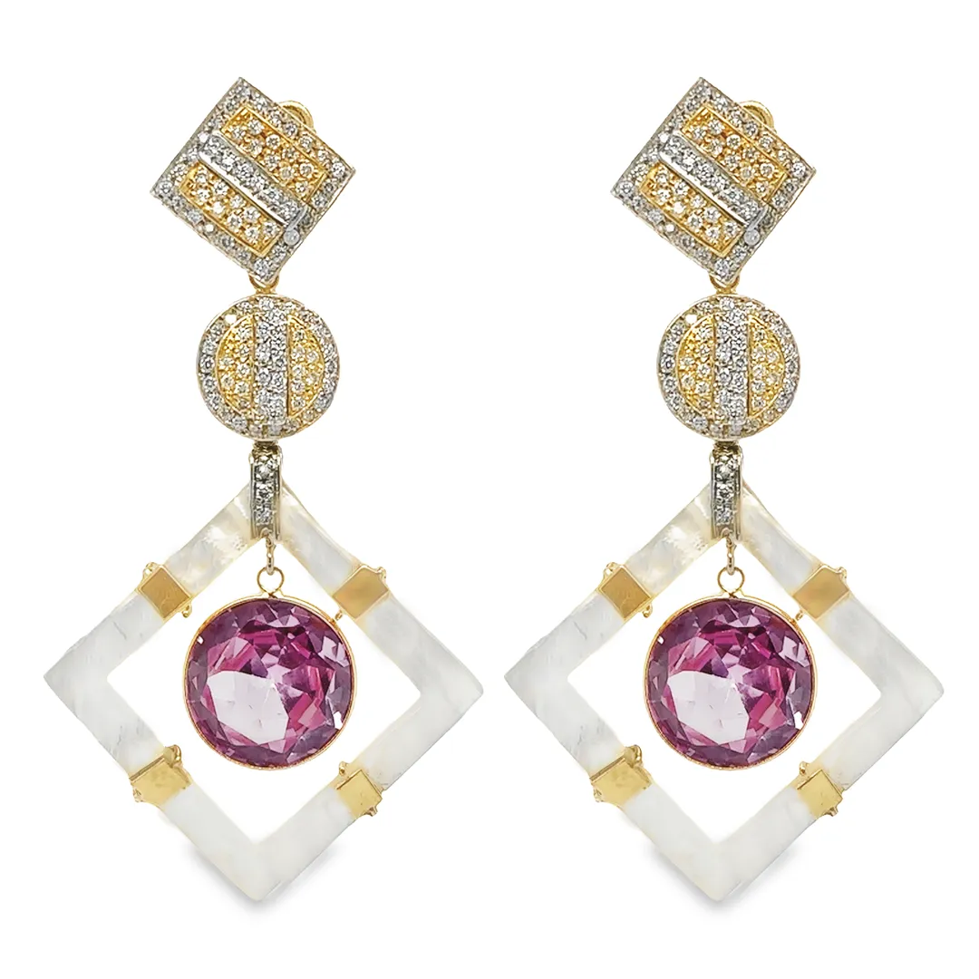 14K Gold Square Mother Pearl, Pink Topaz and Diamonds Earring Pendants