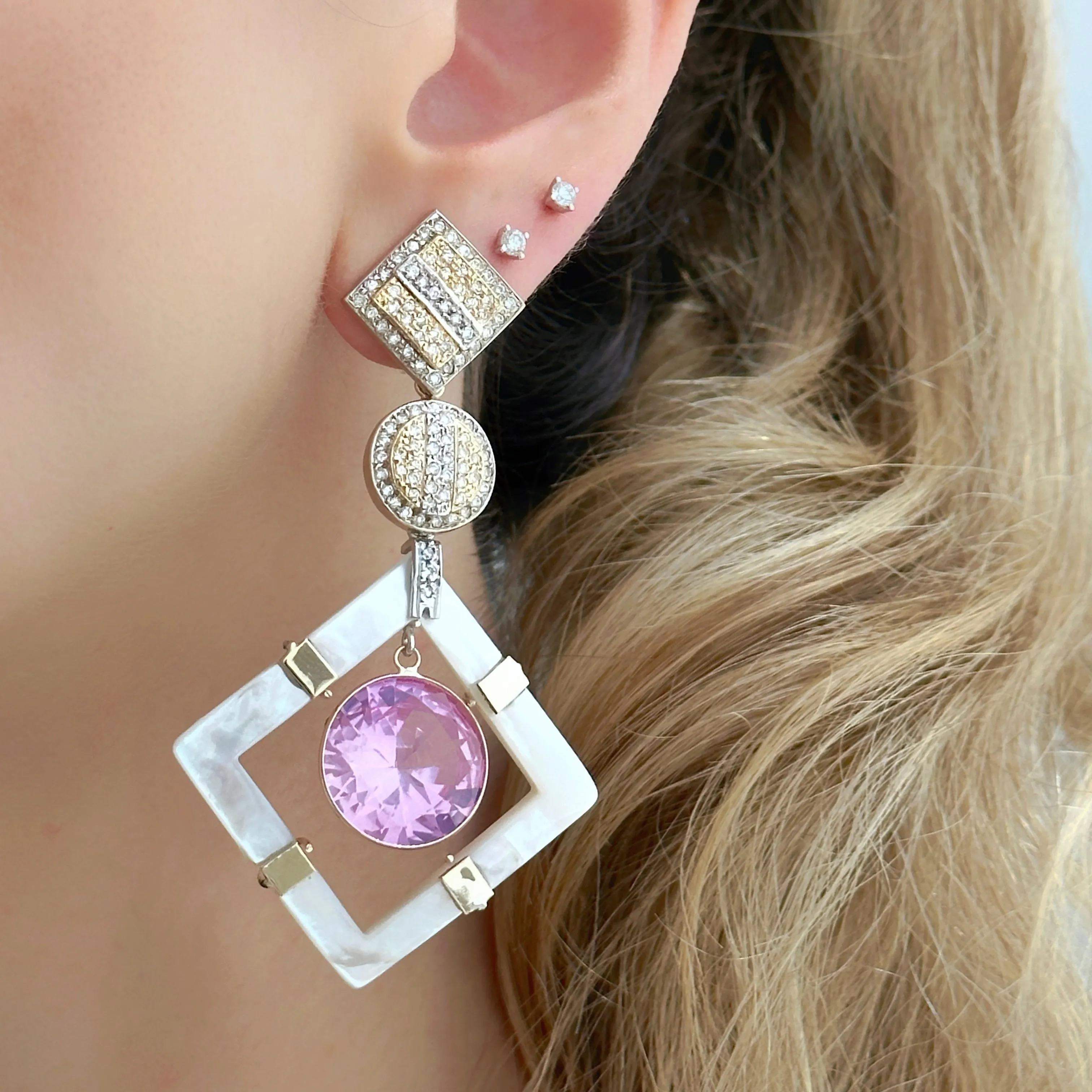 14K Gold Square Mother Pearl, Pink Topaz and Diamonds Earring Pendants