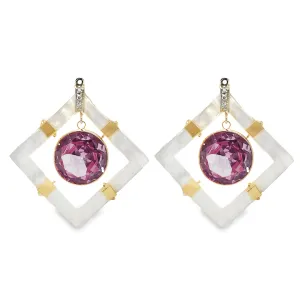 14K Gold Square Mother Pearl, Pink Topaz and Diamonds Earring Pendants