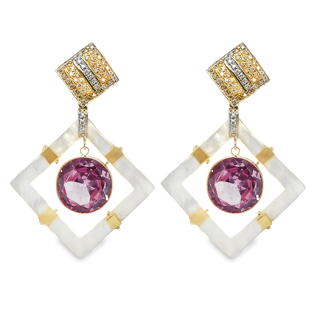 14K Gold Square Mother Pearl, Pink Topaz and Diamonds Earring Pendants