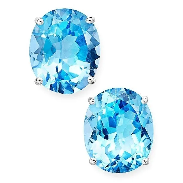 14K White Gold Plated 1 Ct Blue Topaz Round Oval Stud Earrings