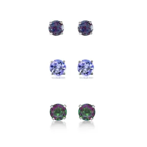 14k White Gold Plated 1/2Ct Created Alexandrite, Tanzanite and Mystic Topaz 3 Pair Round Stud Earrings