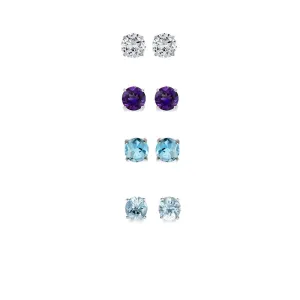 14k White Gold Plated 1Ct Created White Sapphire, Amethyst, Blue Topaz and Aquamarine 4 Pair Round Stud Earrings