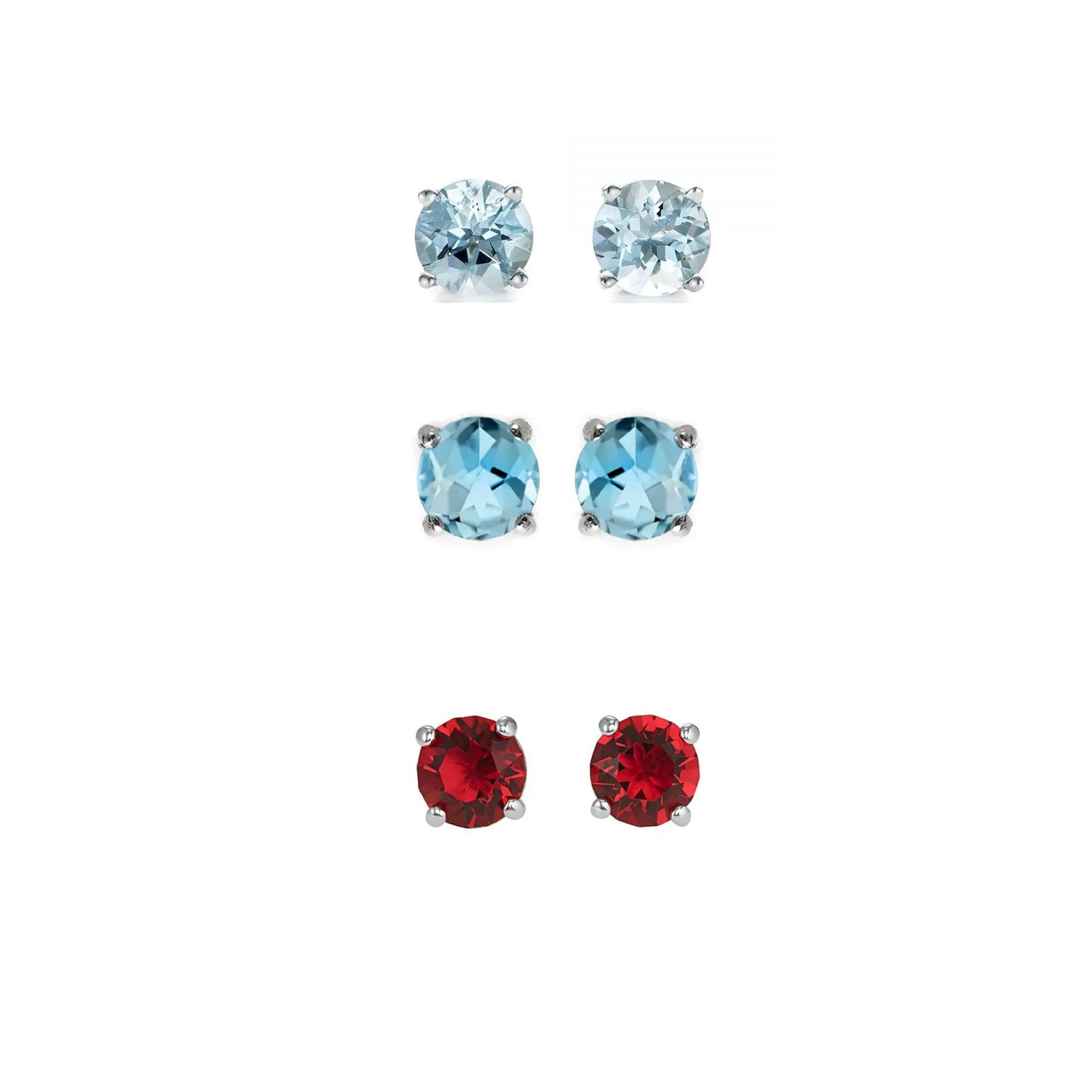 14k White Gold Plated 2Ct Created Aquamarine, Blue Topaz and Ruby 3 Pair Round Stud Earrings