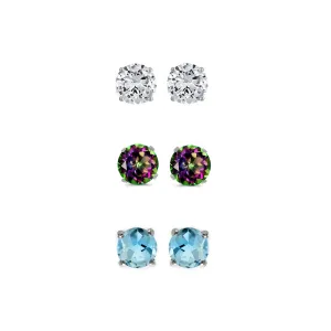 14k White Gold Plated 2Ct Created White Sapphire, Mystic Topaz and Blue Topaz 3 Pair Round Stud Earrings