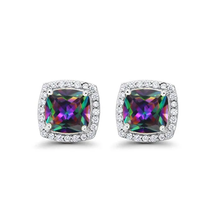 14k White Gold Plated 3 Ct Created Halo Princess Cut Mystic Topaz Stud Earrings