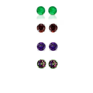 14k White Gold Plated 4Ct Created Emerald, Garnet, Amethyst and Mystic Topaz 4 Pair Round Stud Earrings