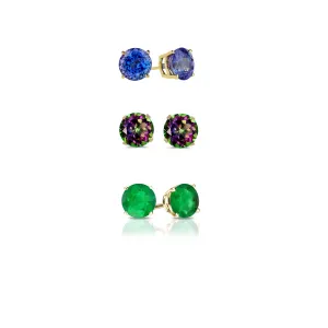 14k Yellow Gold Plated 4Ct Created Tanzanite, Mystic Topaz and Emerald 3 Pair Round Stud Earrings