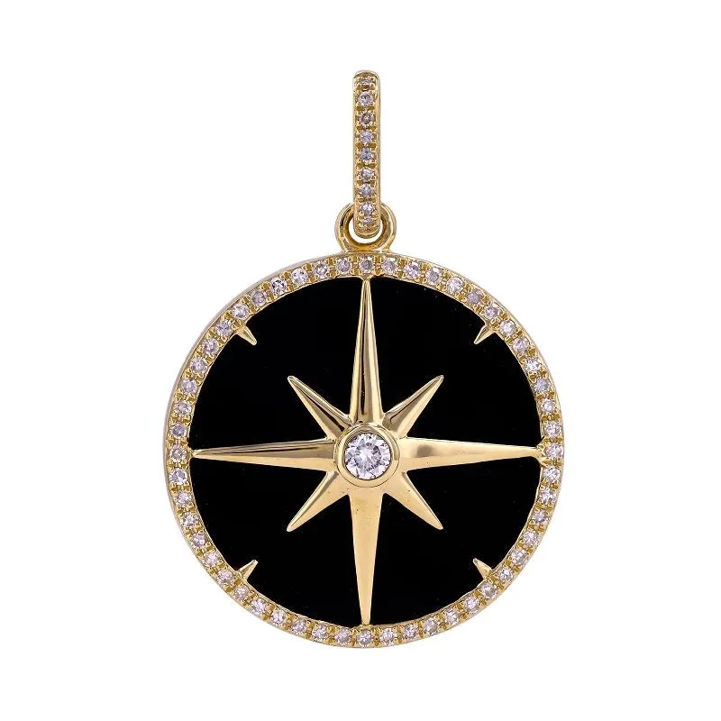 14K Yellow Gold Round Black Onyx Diamond Compass Pendant