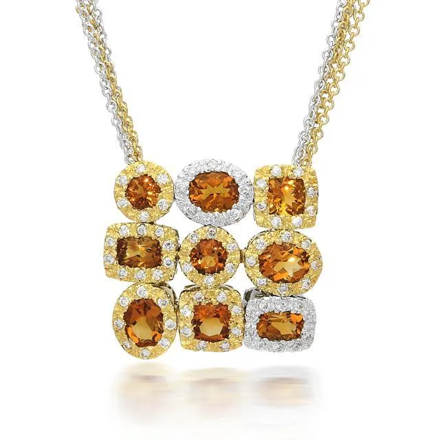 18ct White and Yellow Gold 2.27ct Citrine and Diamond Square Pendant Necklace