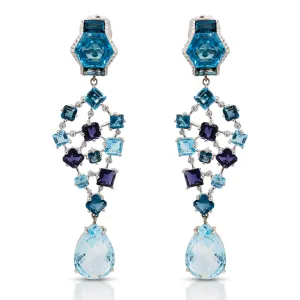 18K Gold Geometric blue gemstones and diamonds detachable earrings