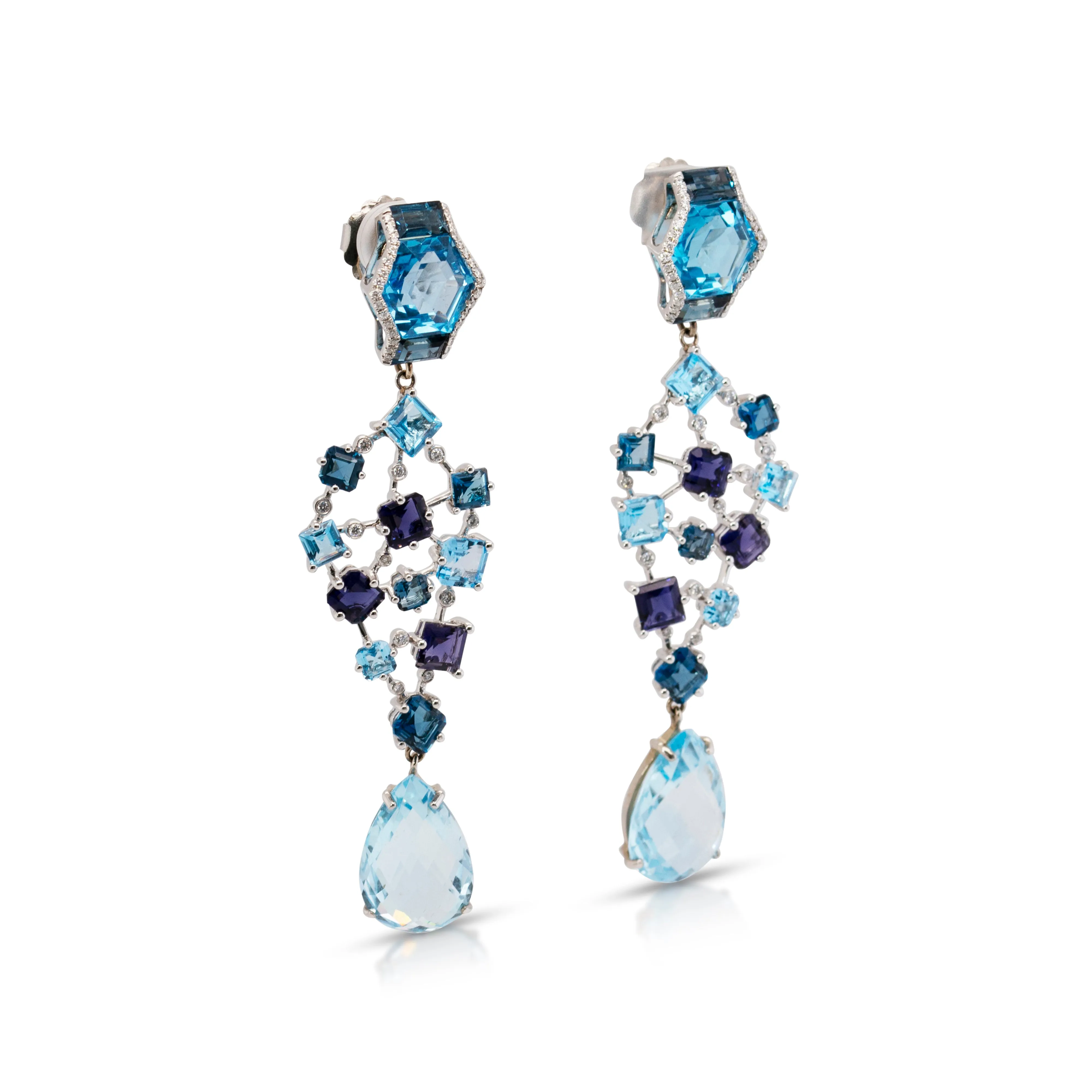 18K Gold Geometric blue gemstones and diamonds detachable earrings