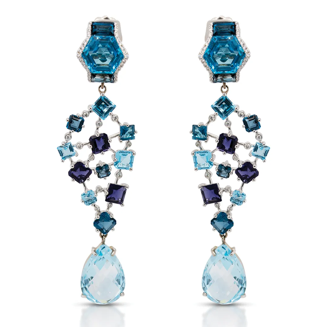 18K Gold Geometric blue gemstones and diamonds detachable earrings