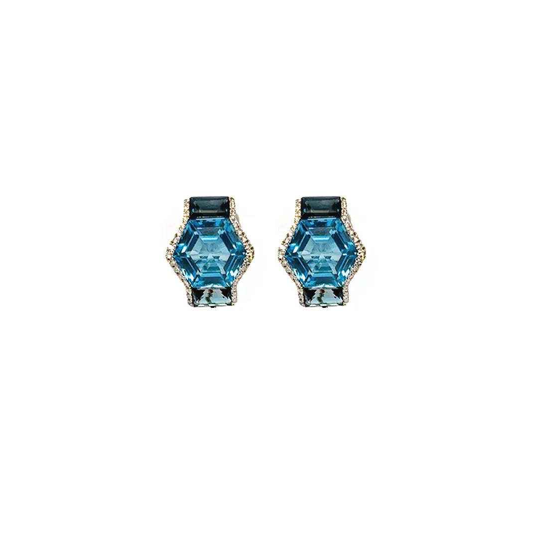 18K Gold Geometric blue gemstones and diamonds detachable earrings