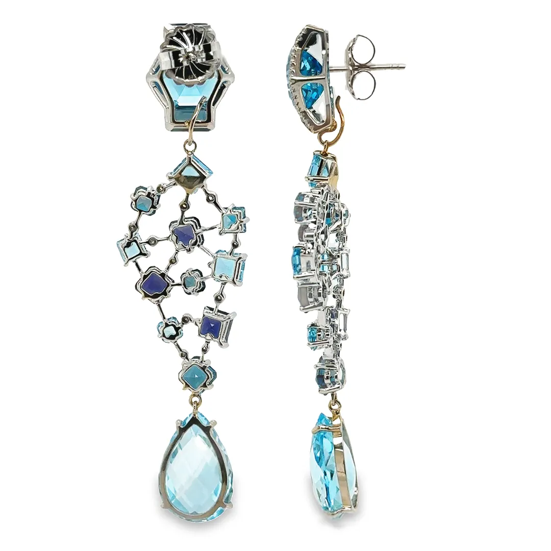 18K Gold Geometric blue gemstones and diamonds detachable earrings