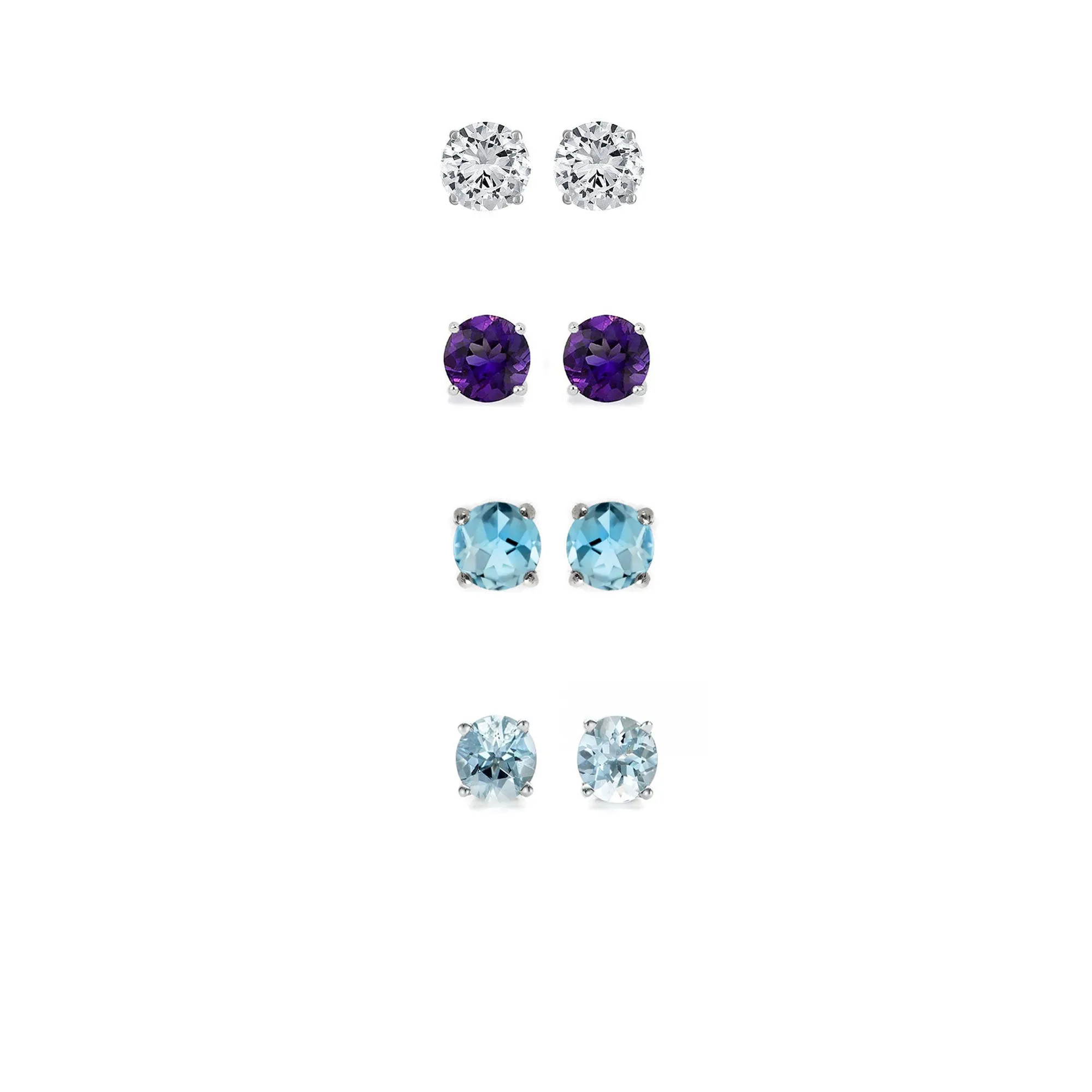 18k White Gold Plated 1Ct Created White Sapphire, Amethyst, Blue Topaz and Aquamarine 4 Pair Round Stud Earrings