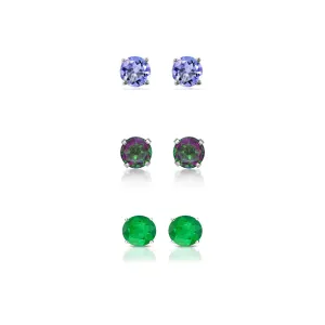 18k White Gold Plated 2Ct Created Tanzanite, Mystic Topaz and Emerald 3 Pair Round Stud Earrings