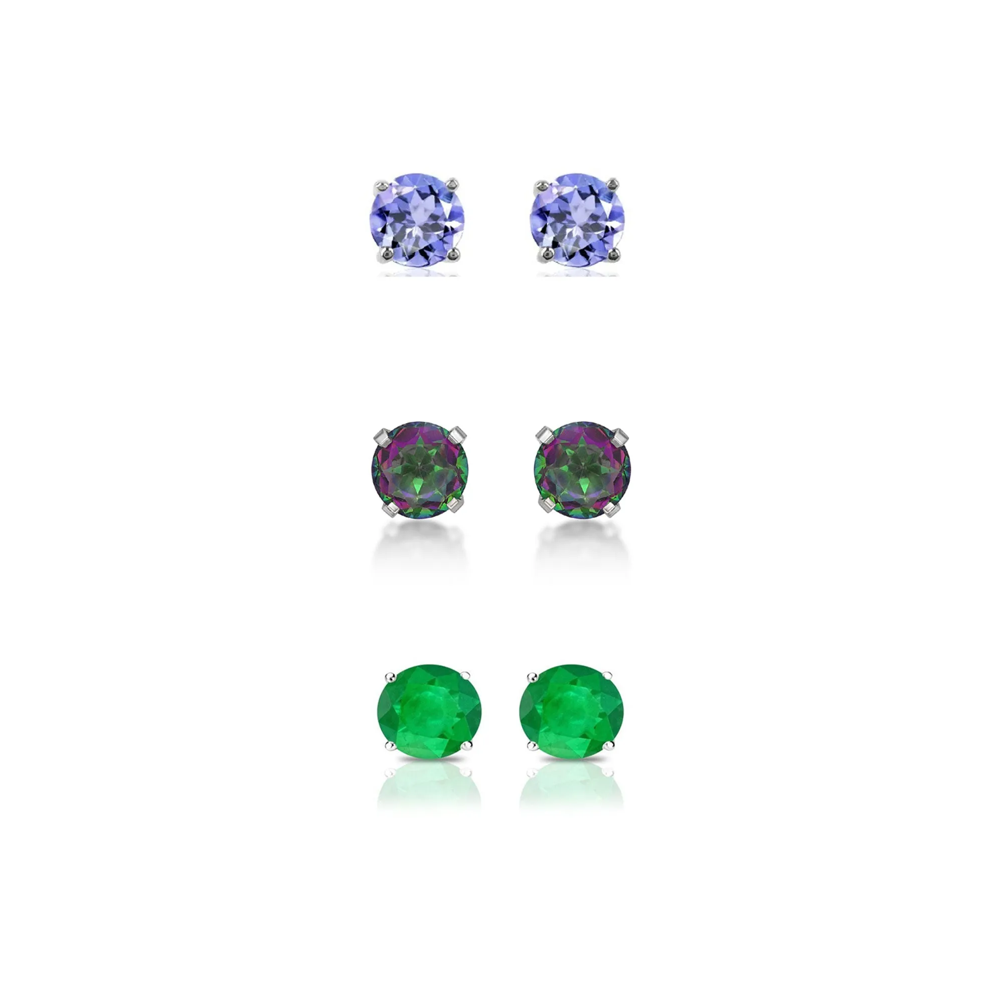 18k White Gold Plated 2Ct Created Tanzanite, Mystic Topaz and Emerald 3 Pair Round Stud Earrings