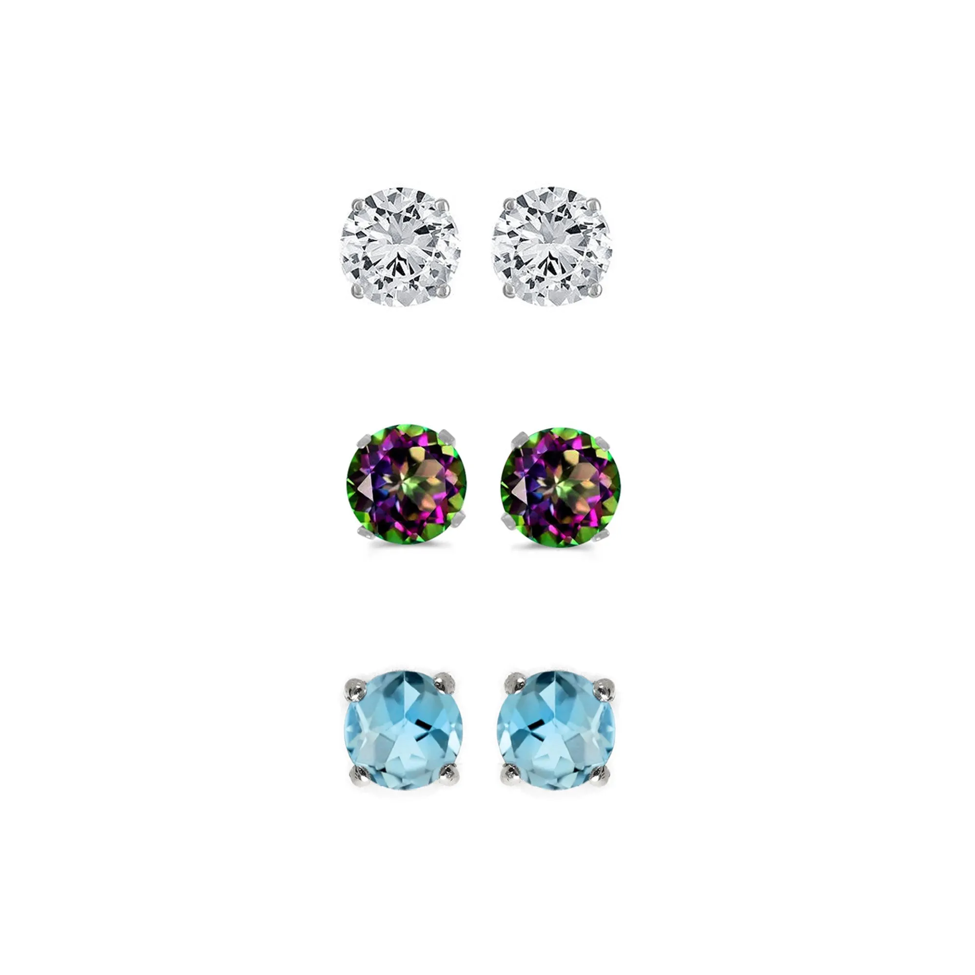 18k White Gold Plated 2Ct Created White Sapphire, Mystic Topaz and Blue Topaz 3 Pair Round Stud Earrings