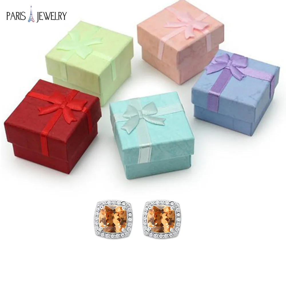 18k White Gold Plated 3 Ct Created Halo Princess Cut CZ Citrine Stud Earrings