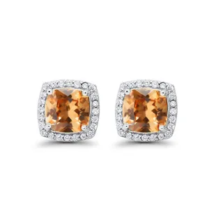 18k White Gold Plated 3 Ct Created Halo Princess Cut CZ Citrine Stud Earrings