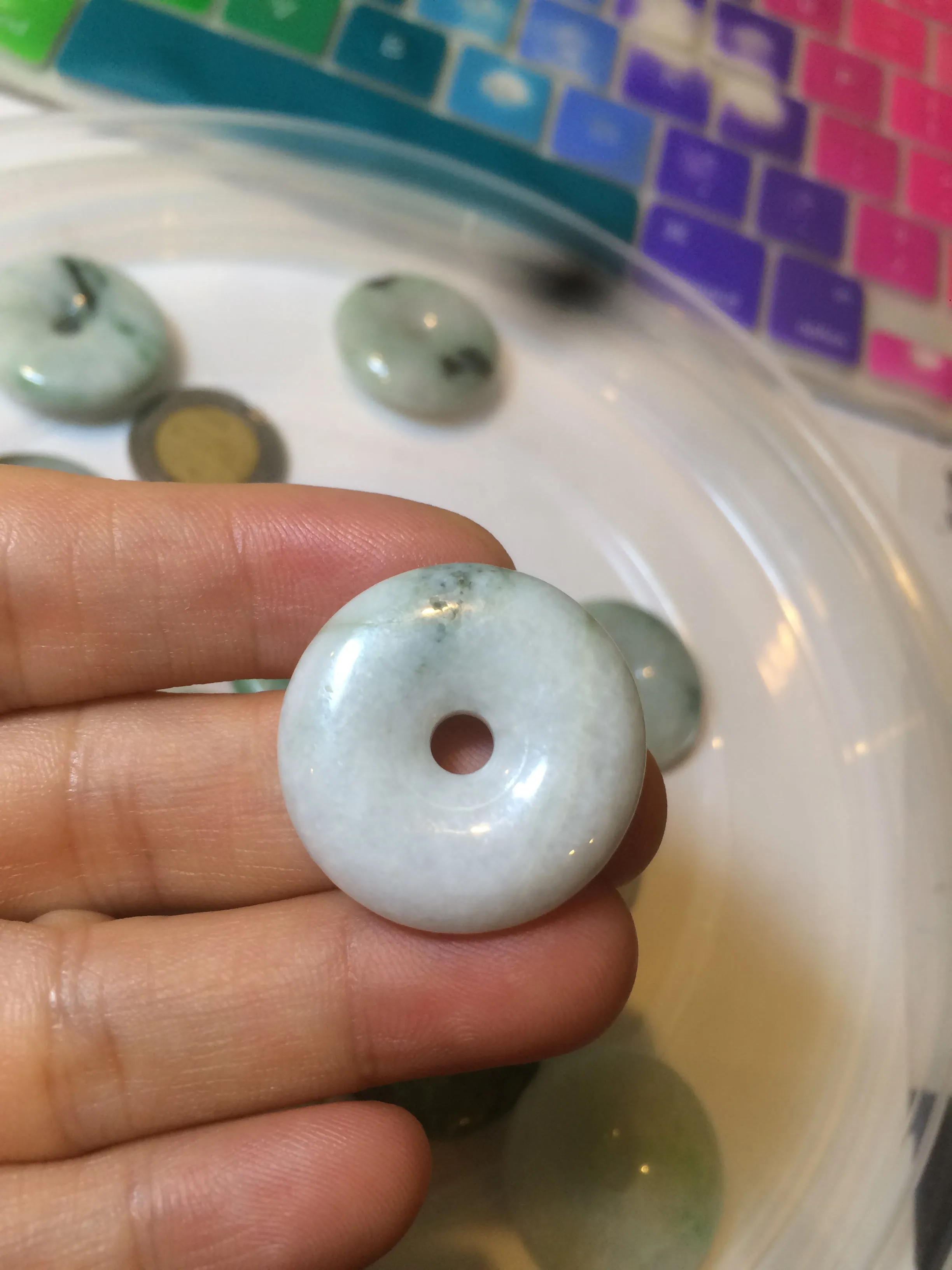 24-25mm Type A 100% Natural dark green/white Jadeite Jade Safety Guardian Button donut Pendant group AK40-2 (Add-on items)