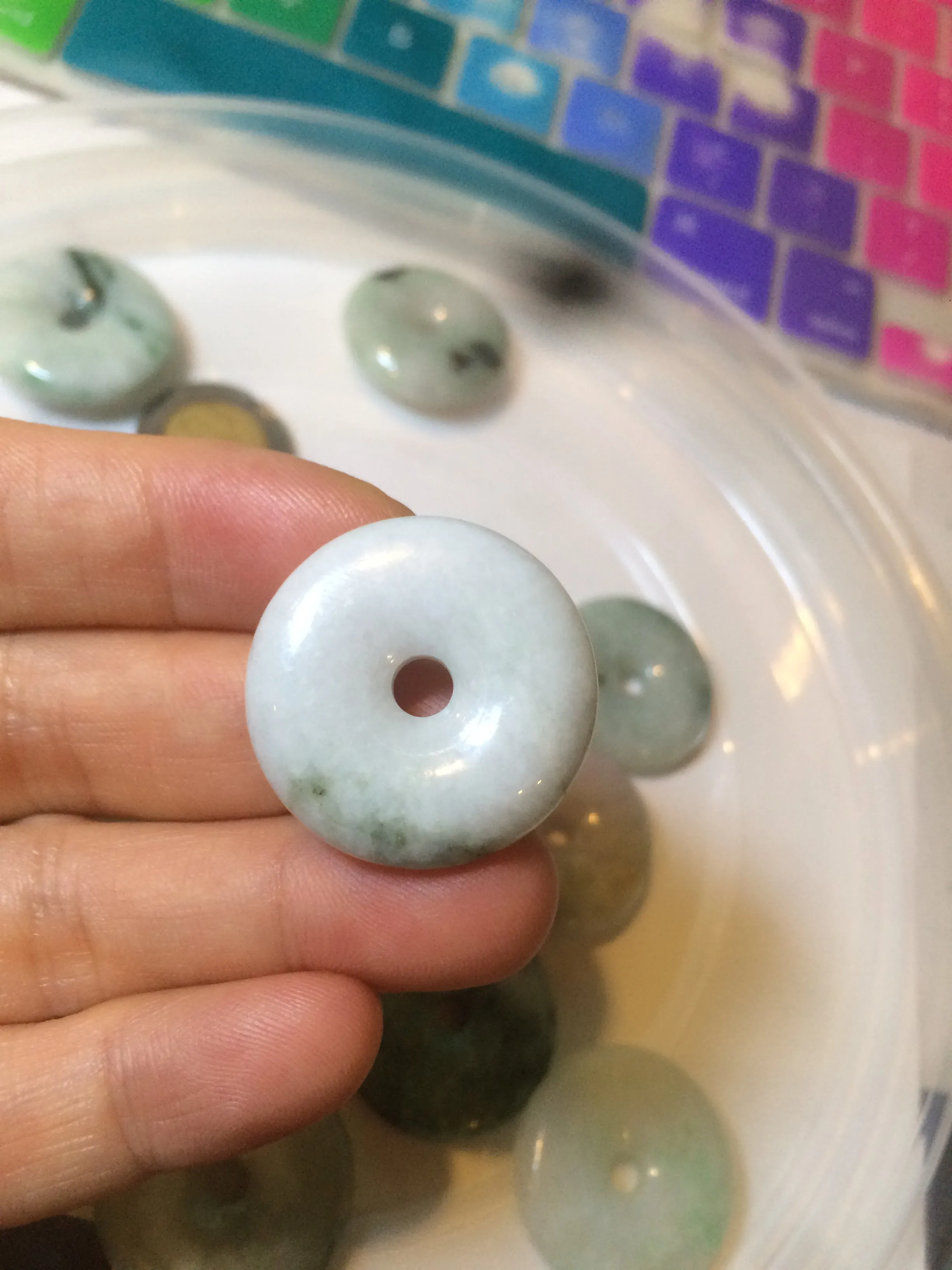 24-25mm Type A 100% Natural dark green/white Jadeite Jade Safety Guardian Button donut Pendant group AK40-2 (Add-on items)