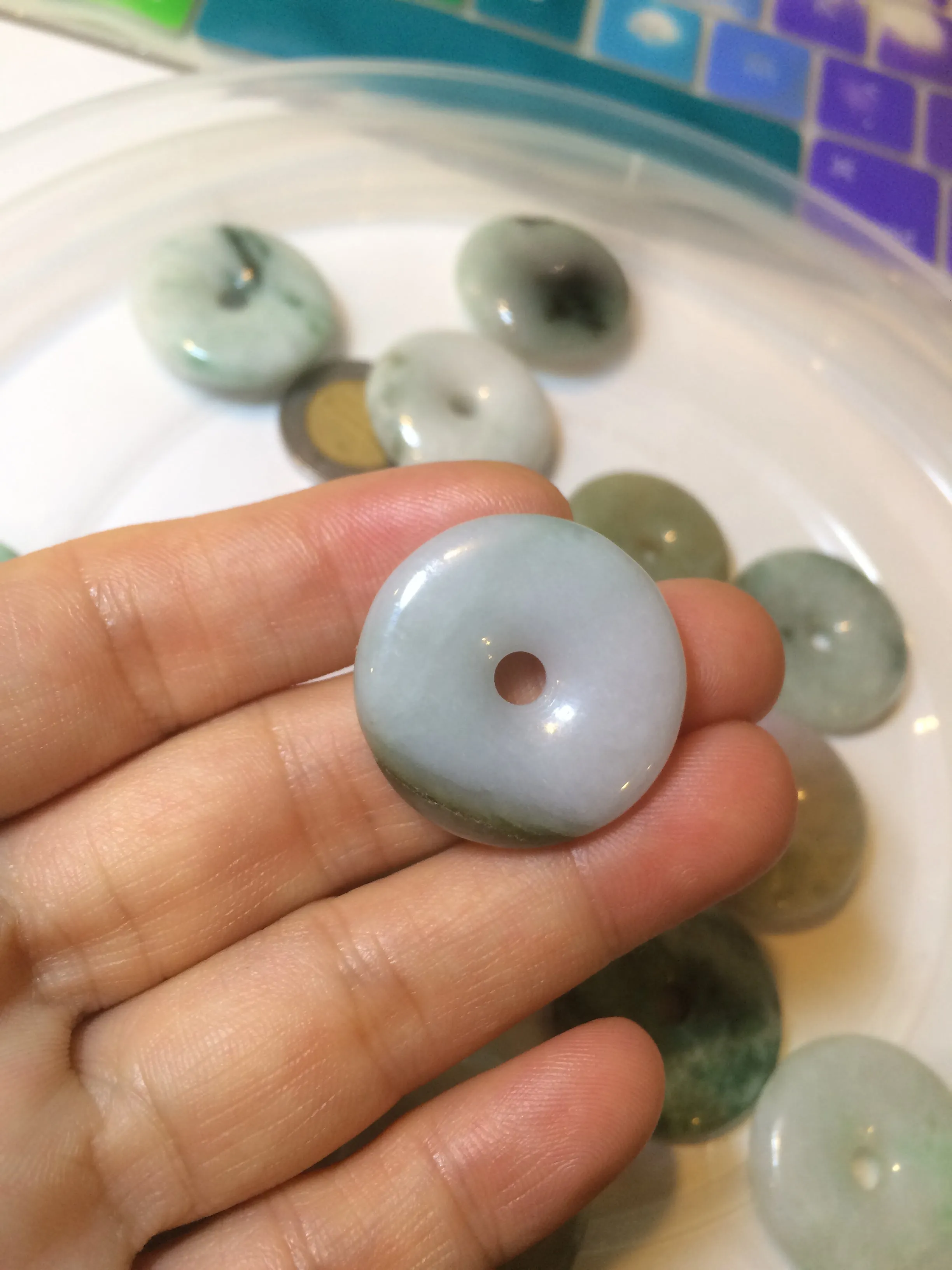 24-25mm Type A 100% Natural dark green/white Jadeite Jade Safety Guardian Button donut Pendant group AK40-2 (Add-on items)