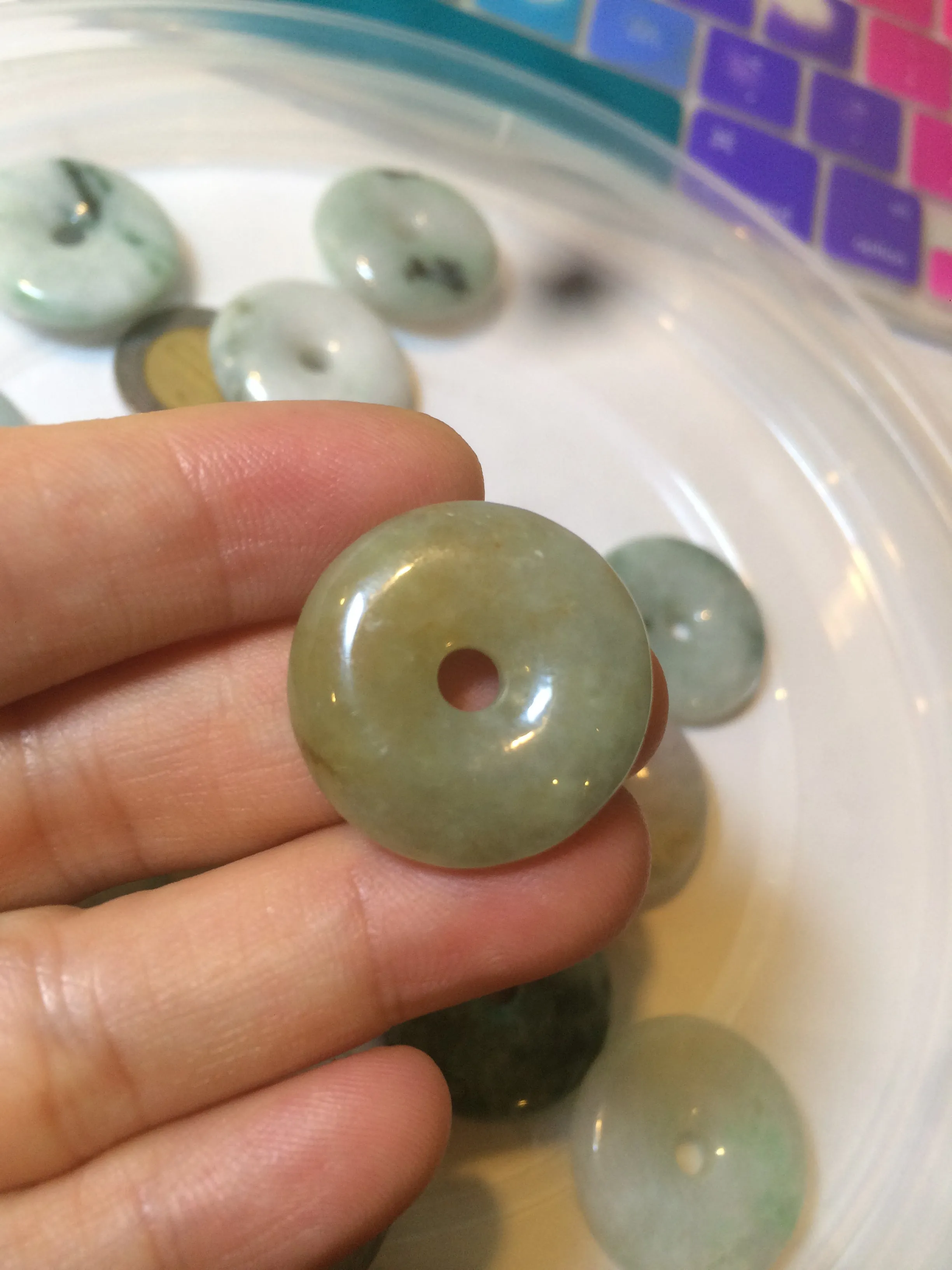 24-25mm Type A 100% Natural dark green/white Jadeite Jade Safety Guardian Button donut Pendant group AK40-2 (Add-on items)