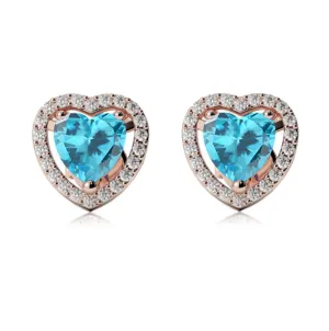 24k Rose Gold Plated 3 Ct Created Halo Heart Blue Topaz Stud Earrings