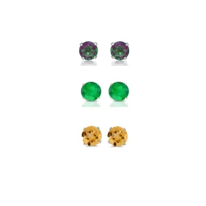 24k White Gold Plated 2Ct Created Mystic Topaz, Emerald and Citrine 3 Pair Round Stud Earrings