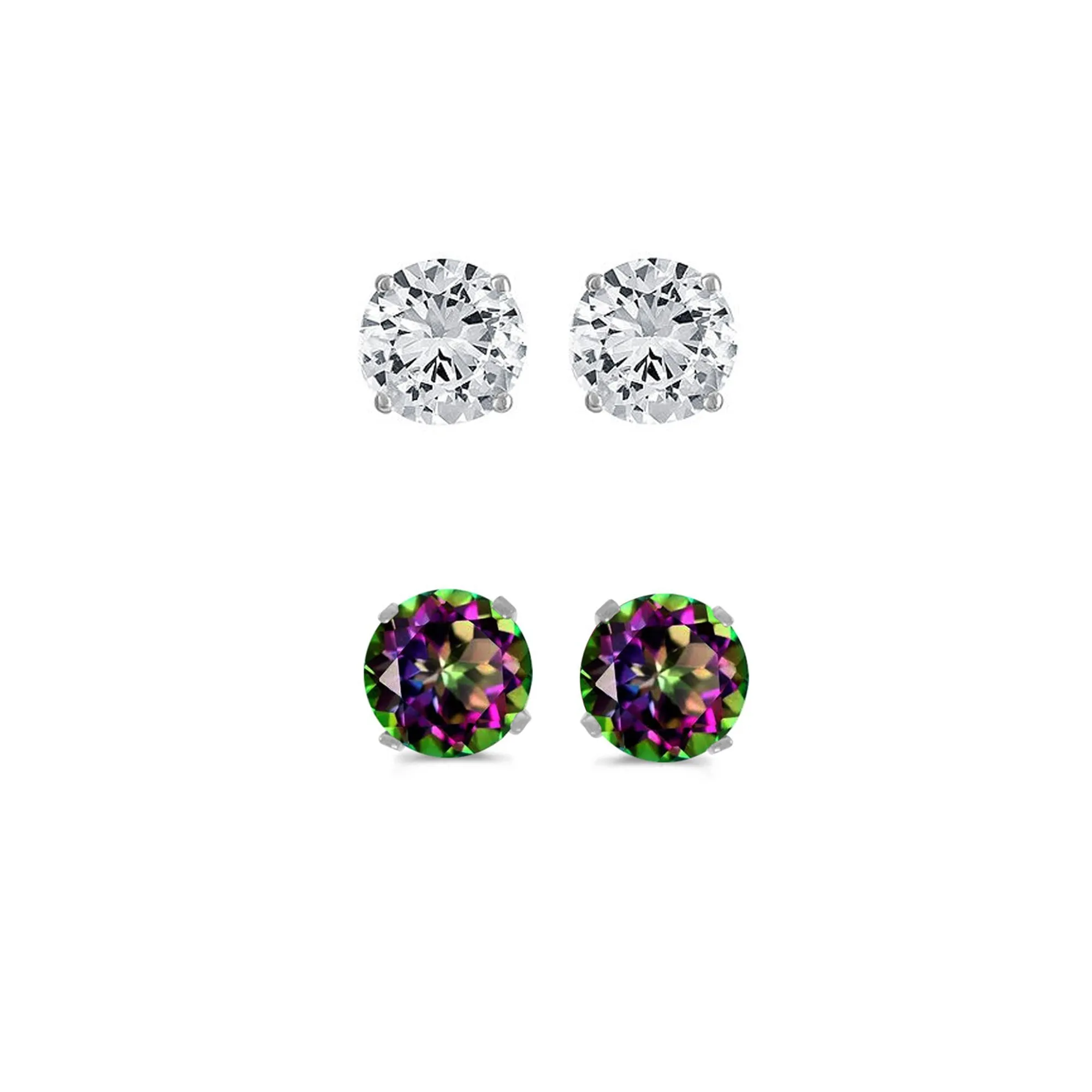 24k White Gold Plated 3Ct Created White Sapphire and Mystic Topaz 2 Pair Round Stud Earrings