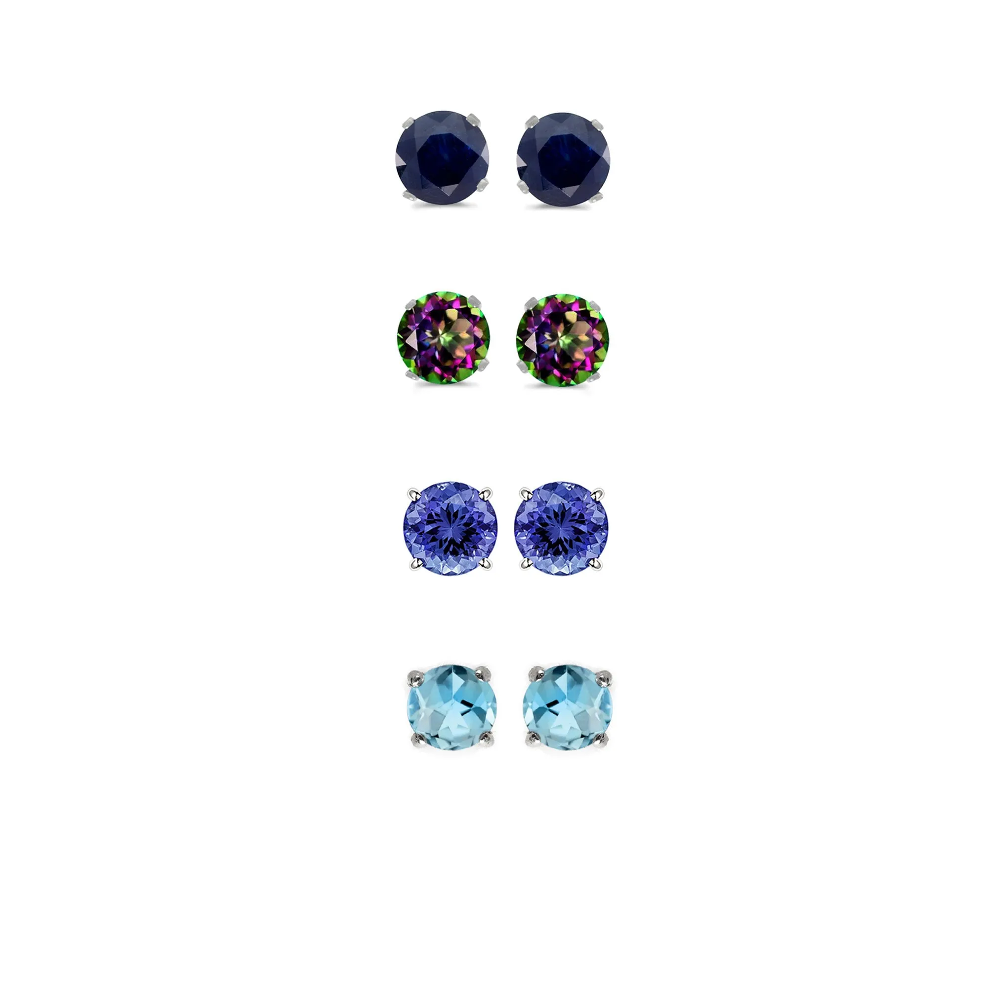 24k White Gold Plated 4Ct Created Black Sapphire, Mystic Topaz, Tanzanite and Blue Topaz 4 Pair Round Stud Earrings