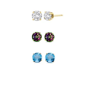 24k Yellow Gold Plated 1/2Ct Created White Sapphire, Mystic Topaz and Blue Topaz 3 Pair Round Stud Earrings