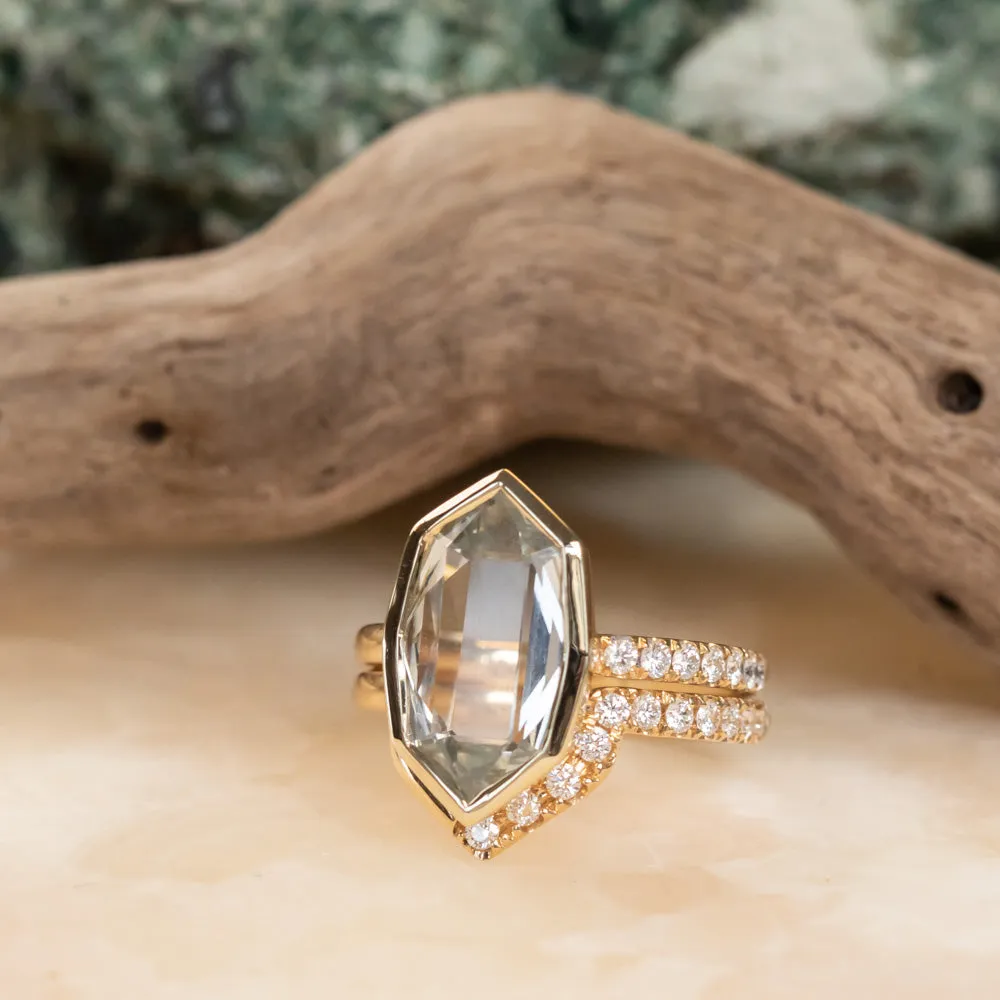 4.19ct Untreated Hexagon Portrait Cut "Seaglass" Colored Sapphire Bezel Set and Asymmetrical Diamond Ring with Curved Diamond Band In 18k Yellow Gold