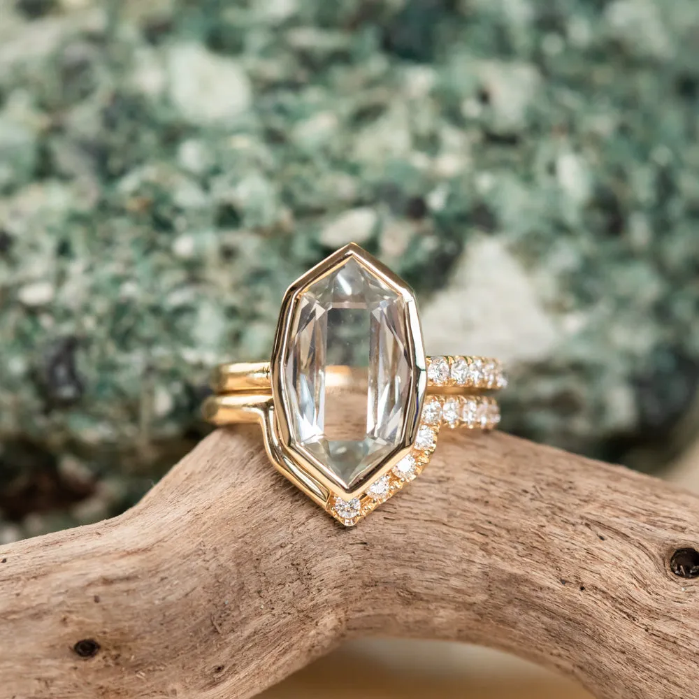 4.19ct Untreated Hexagon Portrait Cut "Seaglass" Colored Sapphire Bezel Set and Asymmetrical Diamond Ring with Curved Diamond Band In 18k Yellow Gold