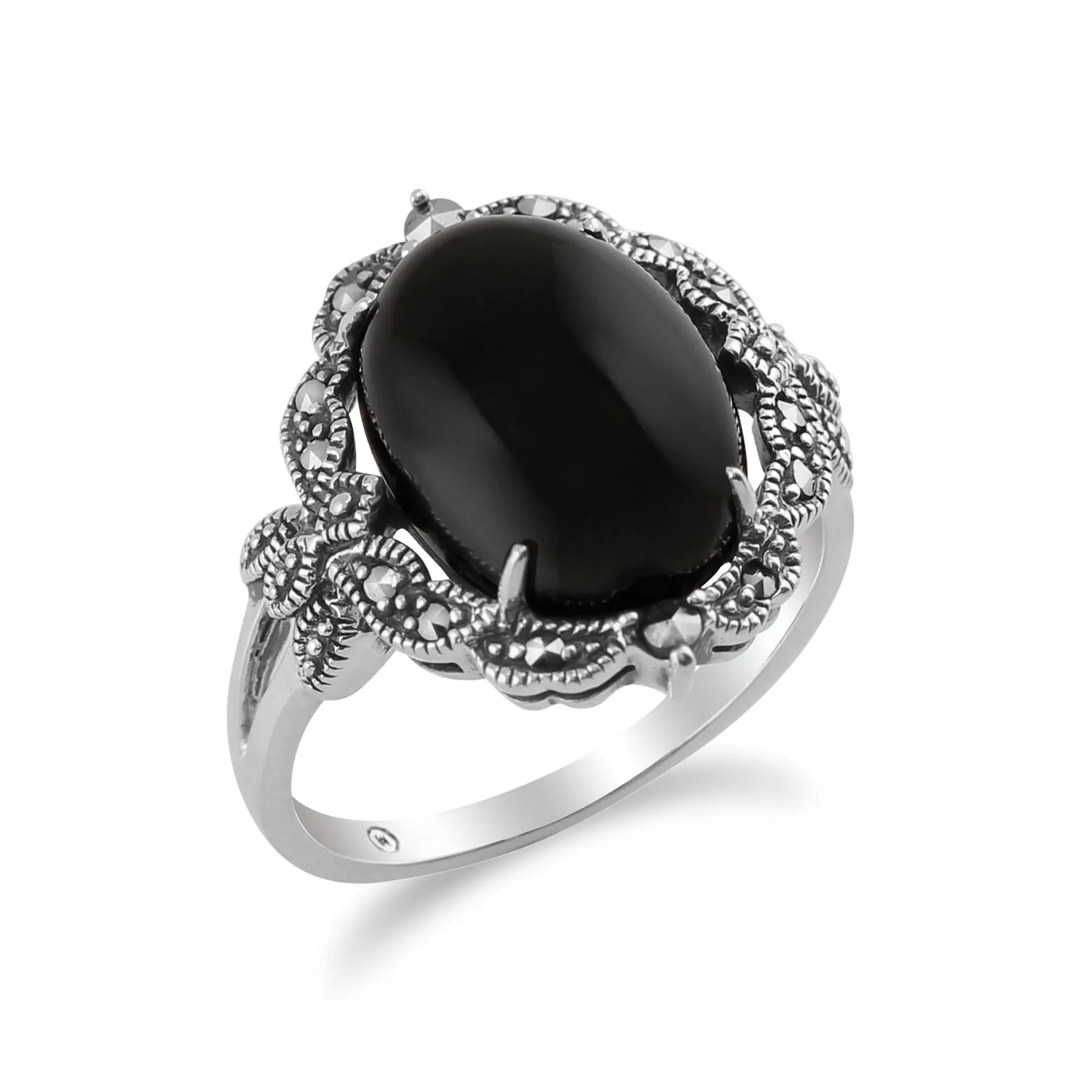 925 Sterlingsilber Jugendstil Vintage Inspiriert Onyx & Markasit Statement Ring