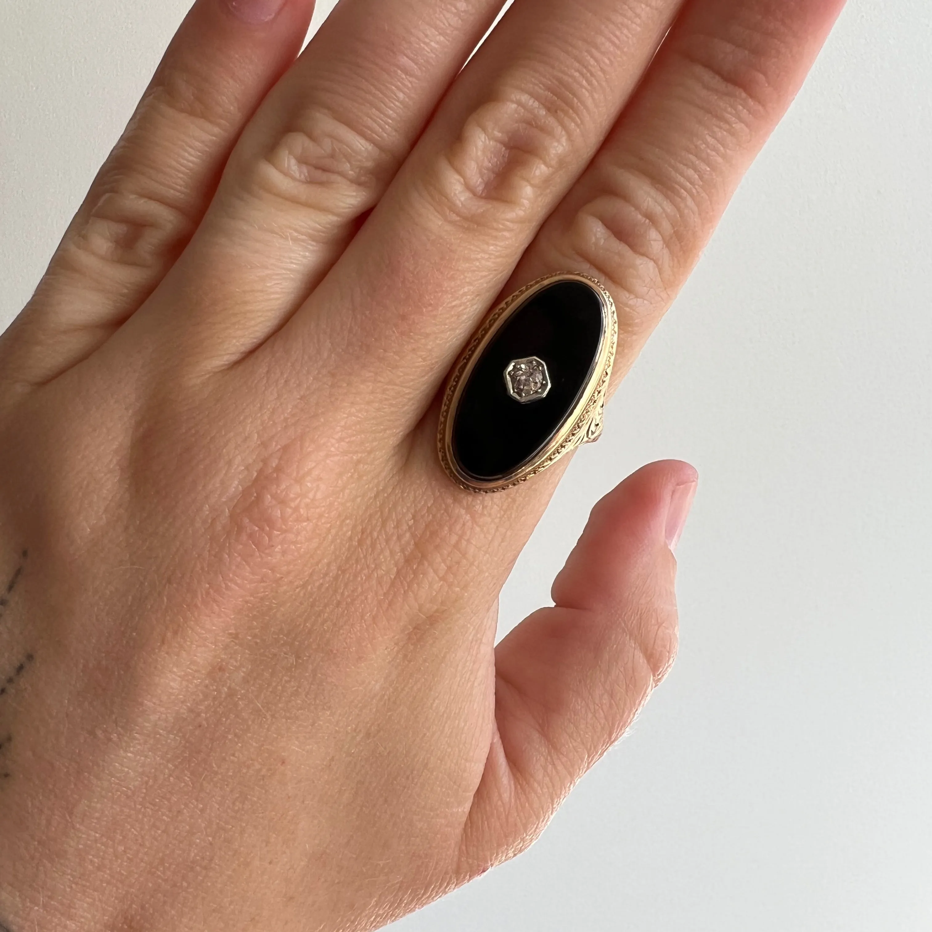 A N T I Q U E // onyx shield / 14k yellow gold with onyx and an old cut diamond / size 6.75-7