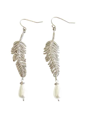 Abi Pave Feather Earrings Pearl Drop-Silver