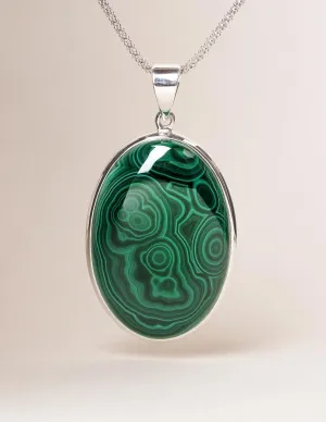 African Malachite Pendant Necklace - 30 Inch Silver Chain