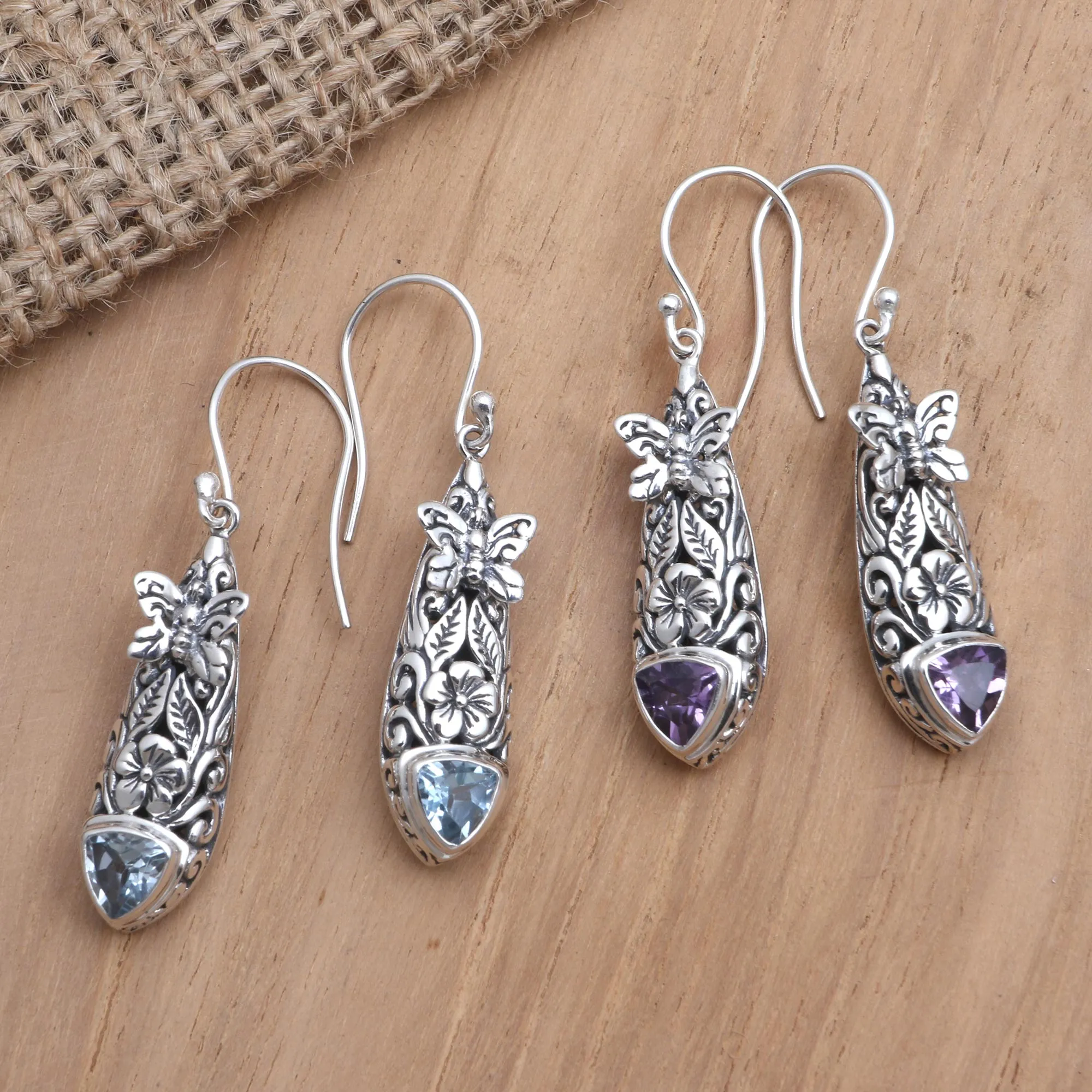 Amethyst and Blue Topaz Butterfly Earrings - Butterfly Wish | NOVICA