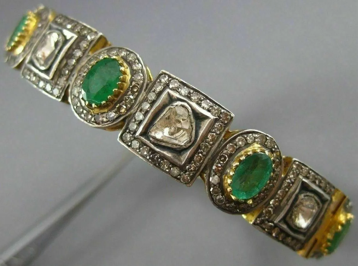 ANTIQUE WIDE 11.50CT DIAMOND & AAA EMERALD 14K YELLOW GOLD & SILVER BANGLE 23425