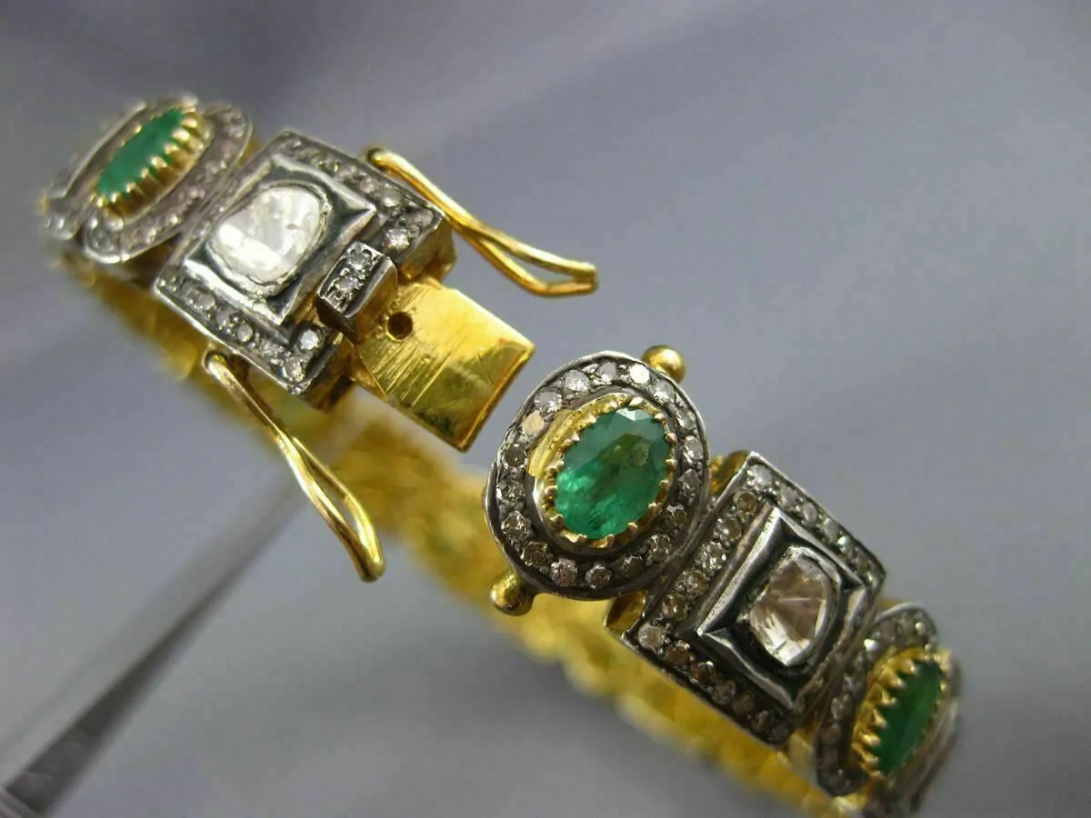 ANTIQUE WIDE 11.50CT DIAMOND & AAA EMERALD 14K YELLOW GOLD & SILVER BANGLE 23425