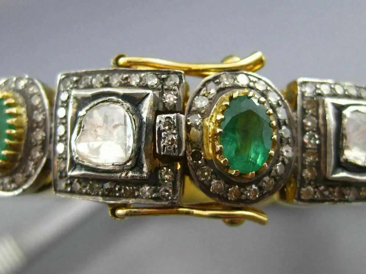 ANTIQUE WIDE 11.50CT DIAMOND & AAA EMERALD 14K YELLOW GOLD & SILVER BANGLE 23425