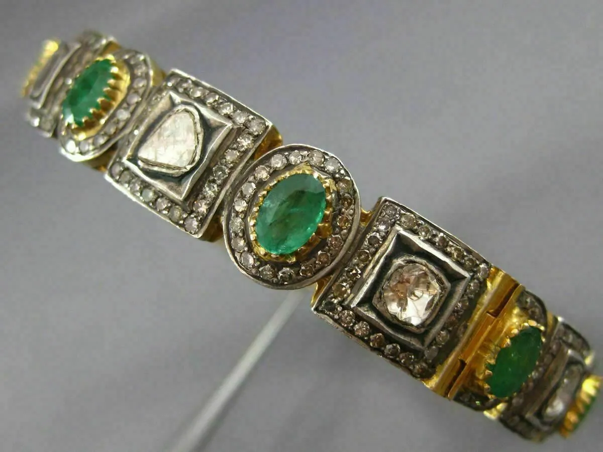 ANTIQUE WIDE 11.50CT DIAMOND & AAA EMERALD 14K YELLOW GOLD & SILVER BANGLE 23425