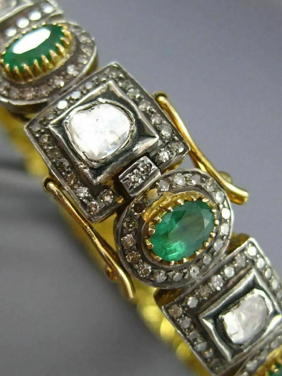 ANTIQUE WIDE 11.50CT DIAMOND & AAA EMERALD 14K YELLOW GOLD & SILVER BANGLE 23425