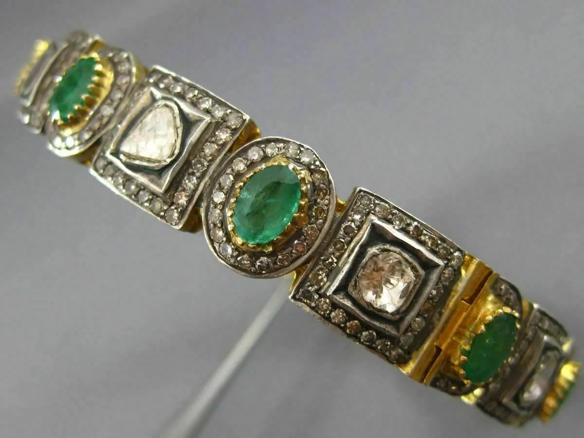 ANTIQUE WIDE 11.50CT DIAMOND & AAA EMERALD 14K YELLOW GOLD & SILVER BANGLE 23425